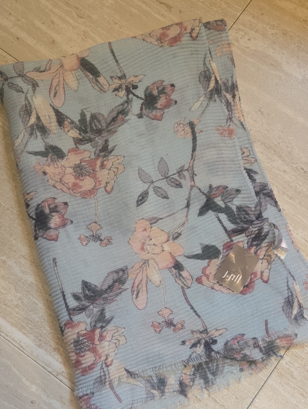 New J.Jill Light Aqua Blue Floral Raw Edge Scarf